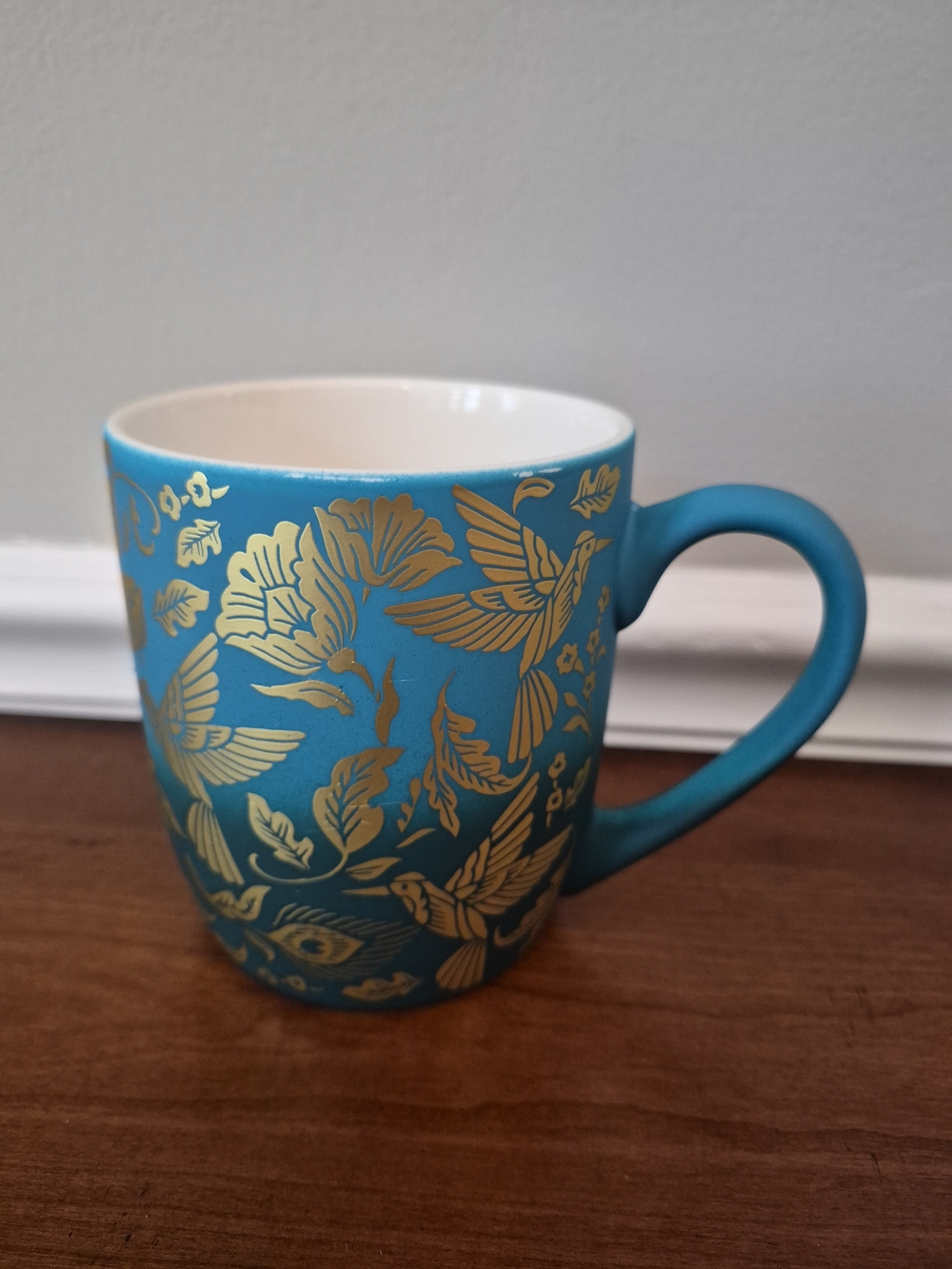 Dwell Studio Teal Ombre With Gold Hummingbird And Flowers 14oz Coffee Mug